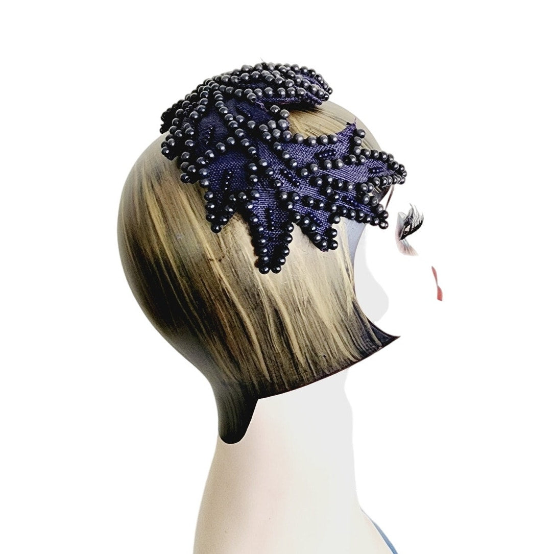 Vintage 50s Eggshell Style Hat Navy Blue Beaded Fascinator  Jeanette Gaffin