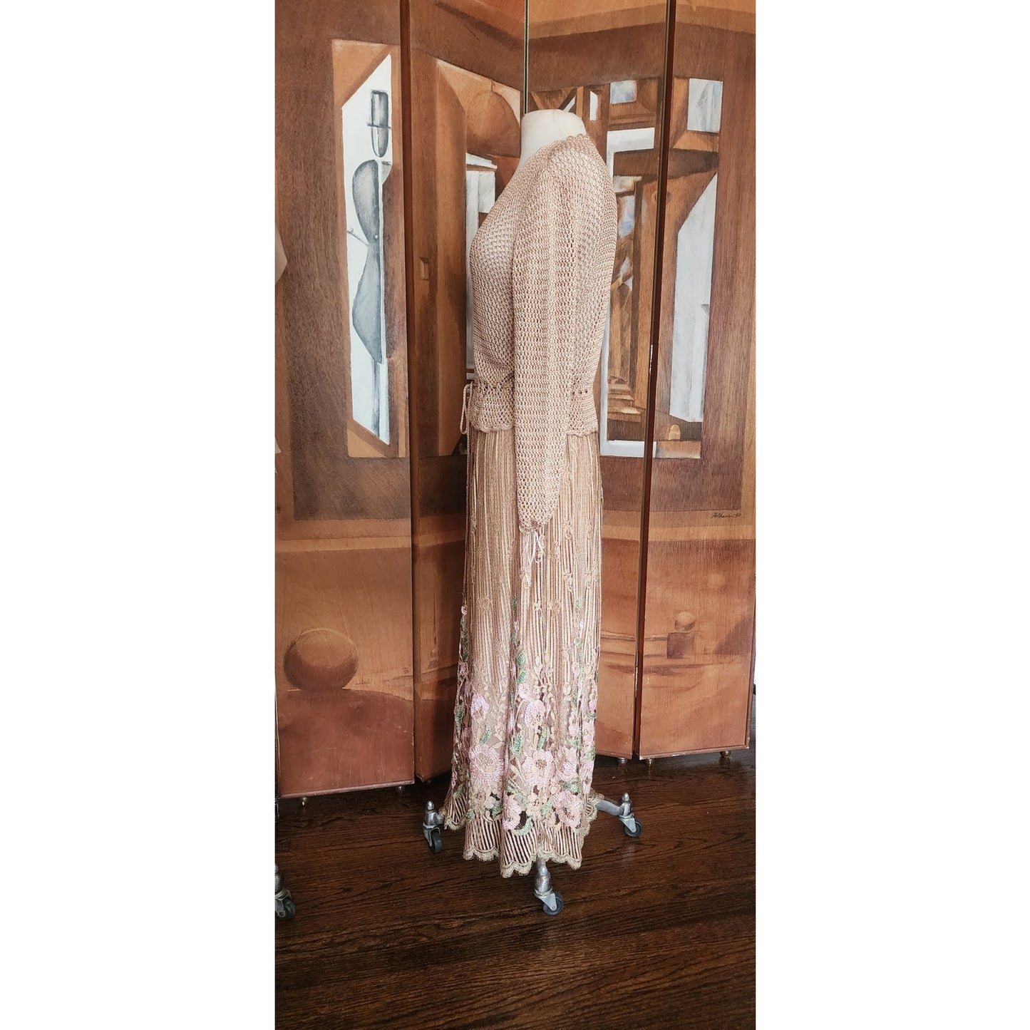 Vintage 1970s Jayna New York Dress Set Knit Crochet Top + Skirt Beige Lace Embroidery