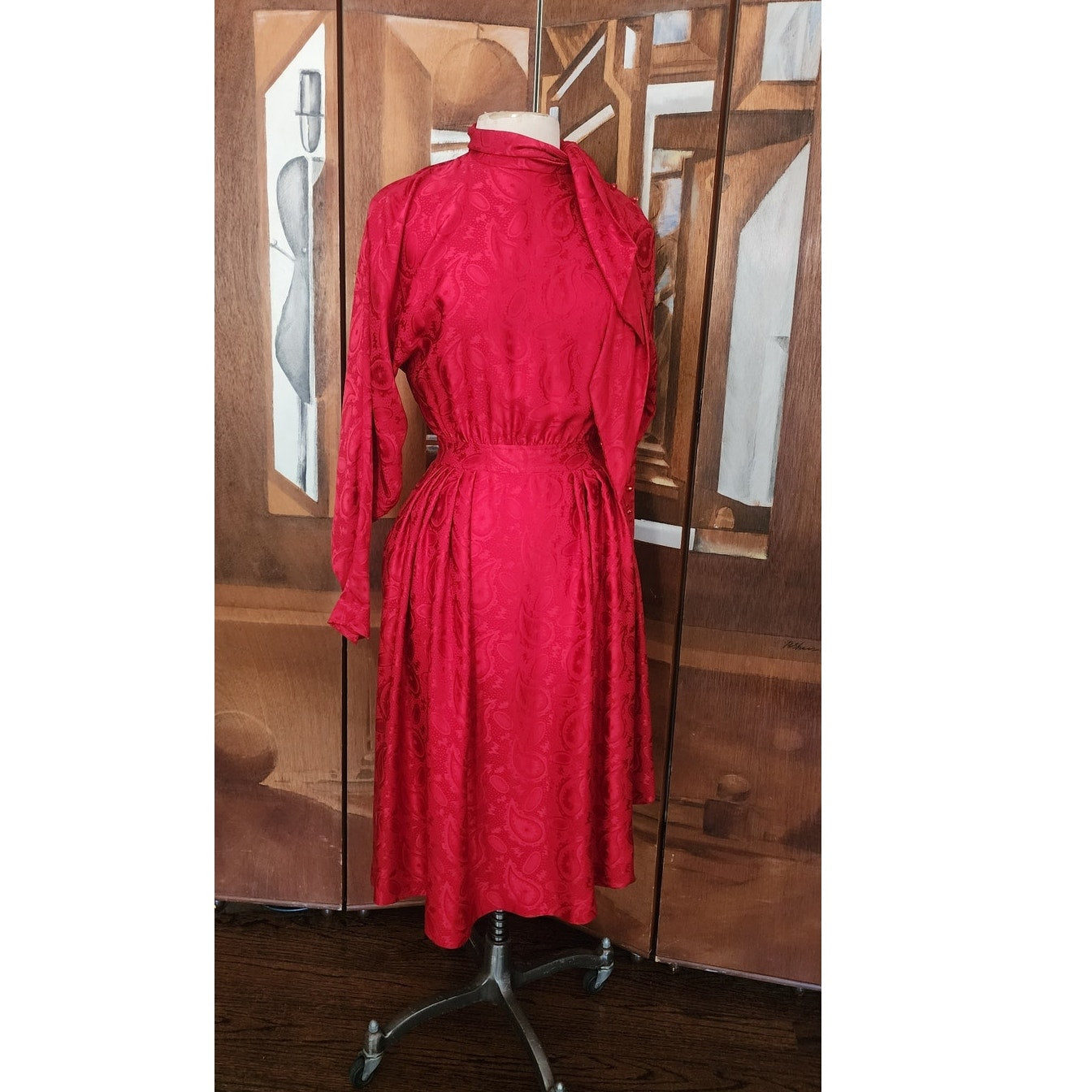 Vintage 1980s Emanuel Ungaro Dress Red Silk Paisley Print I Magnin Long Sleeve Scarf Sash Tie