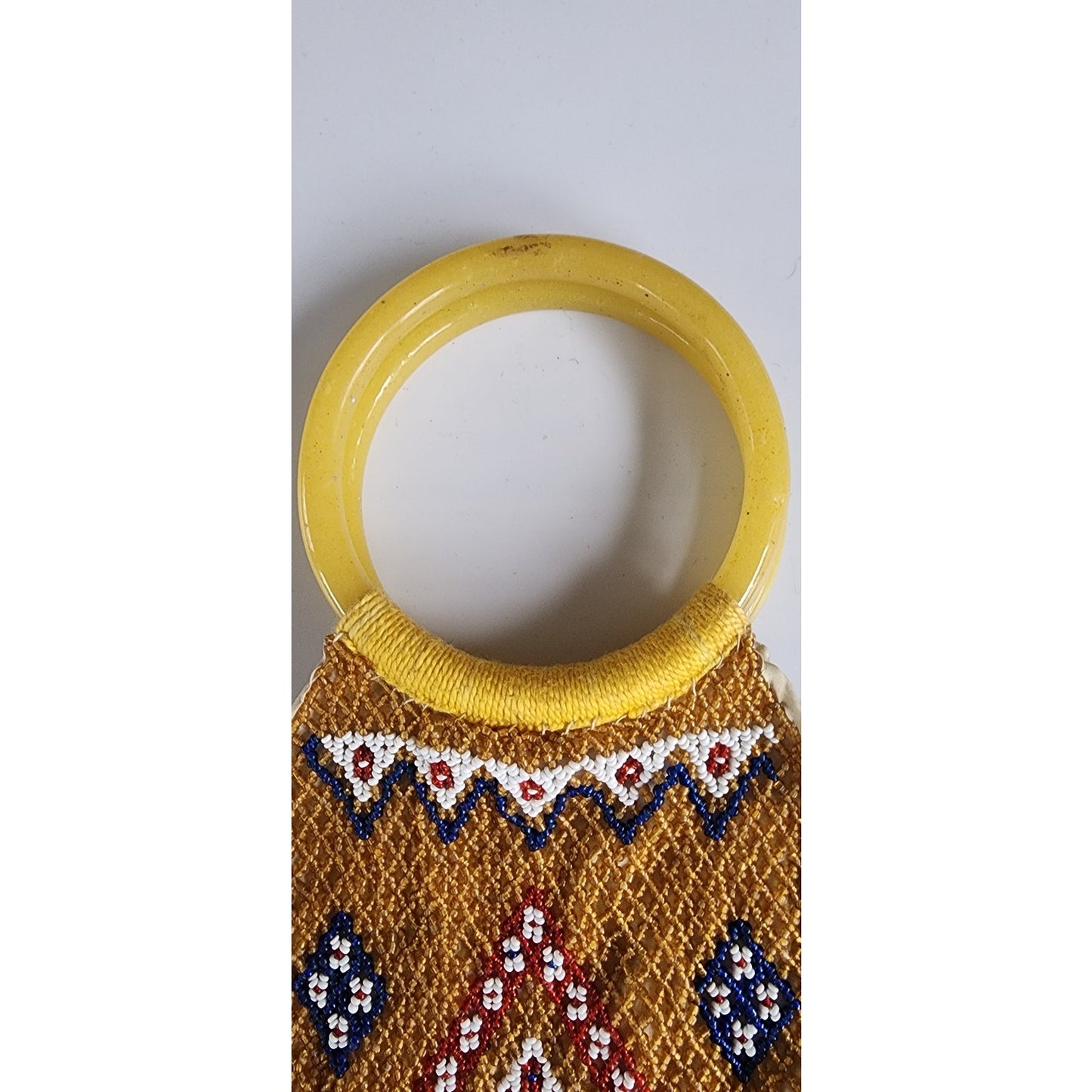 Antique Chinese Glass Bead Bag w/Glass Ring Handles 1890 - 1930