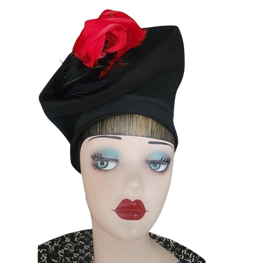 Vintage 1930s Black Tilt Hat Sculptural High Crown Feather Asymmetrical Art Deco 23"