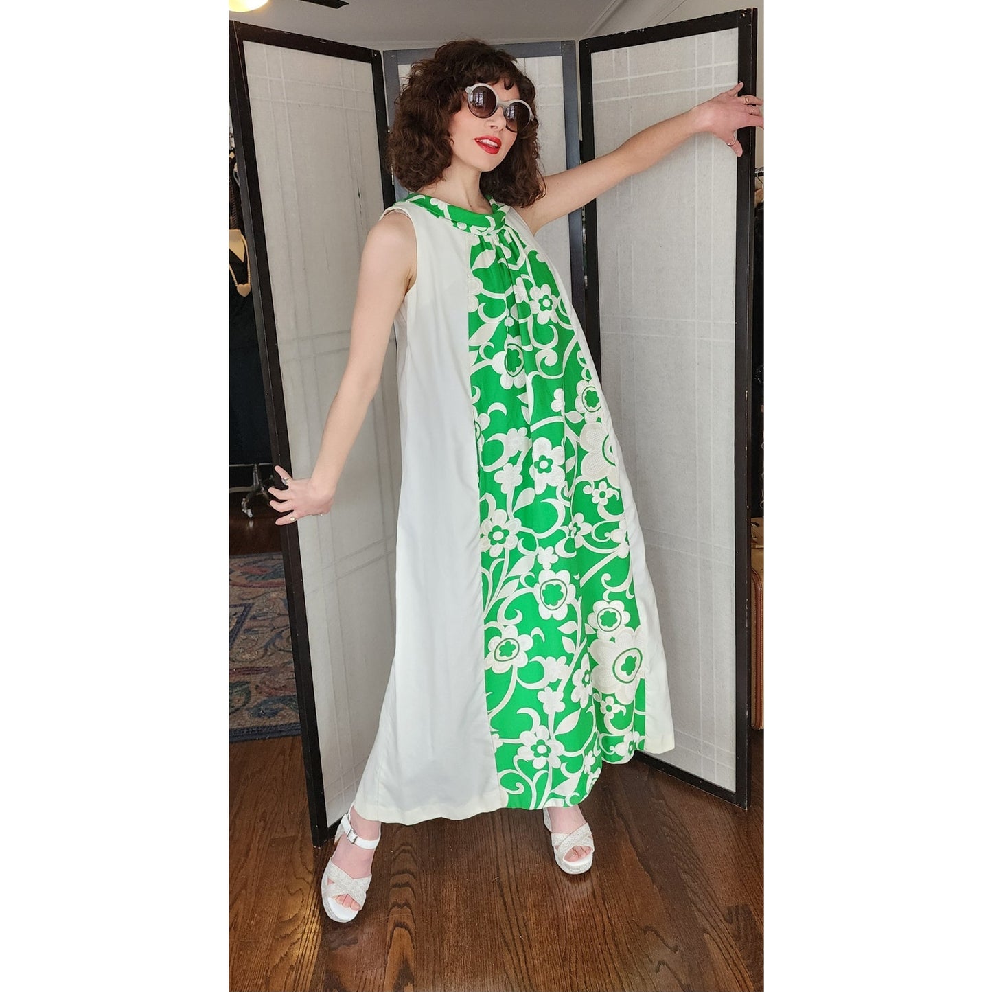 Vintage 70s Tiki Dress Maxi Green White by The Grass Shack