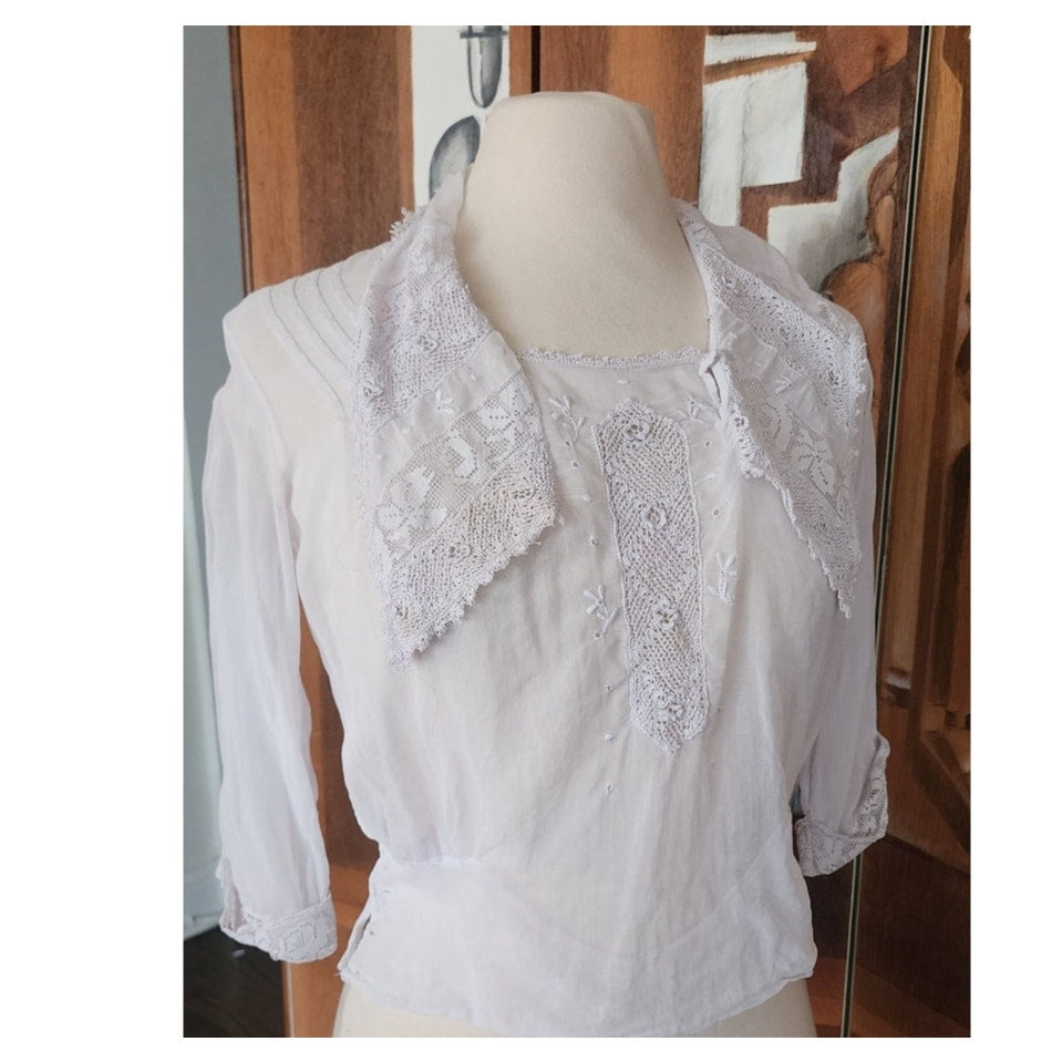 Antique Edwardian Blouse White Cotton Lace Embroidery Sailor Collar / S