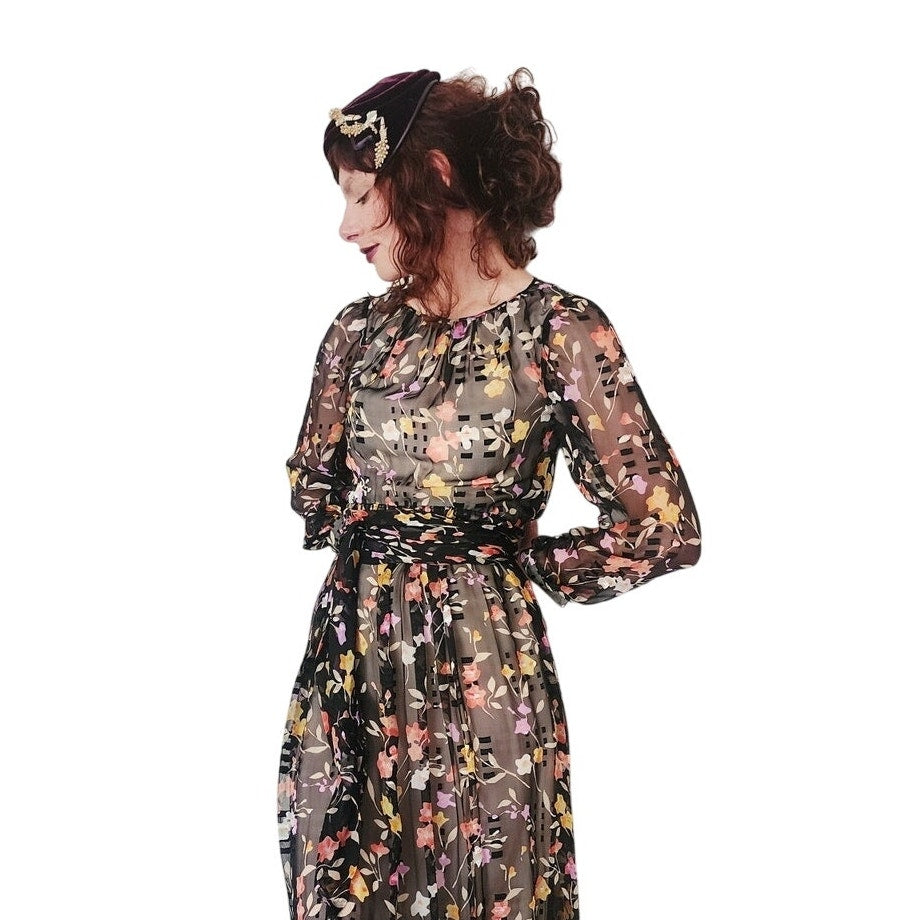 Vintage 1970s Dark Floral Print Dress Gauzy Maxi Sash Tie Belt