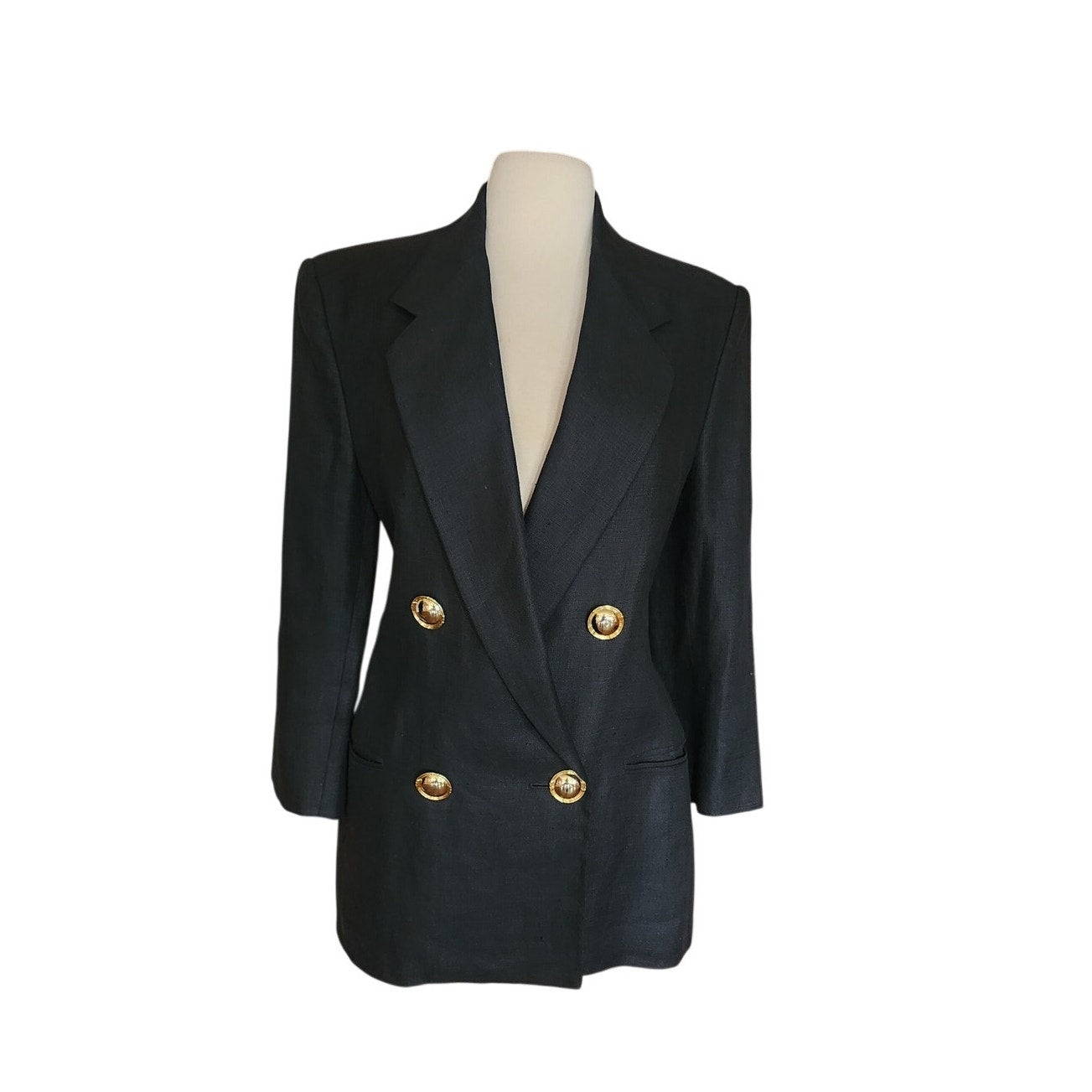 Vintage 80s GENNY Blazer Black Linen Jacket Hip Length Double Breasted Gold Buttons / M