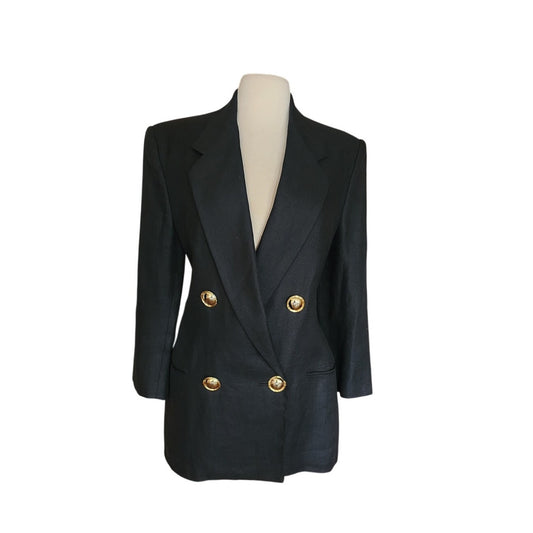 Vintage 80s GENNY Blazer Black Linen Jacket Hip Length Double Breasted Gold Buttons / M