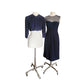 Vintage 1950s Dress + Jacket Suit Set Navy Blue Polkadot Wool Silk / M
