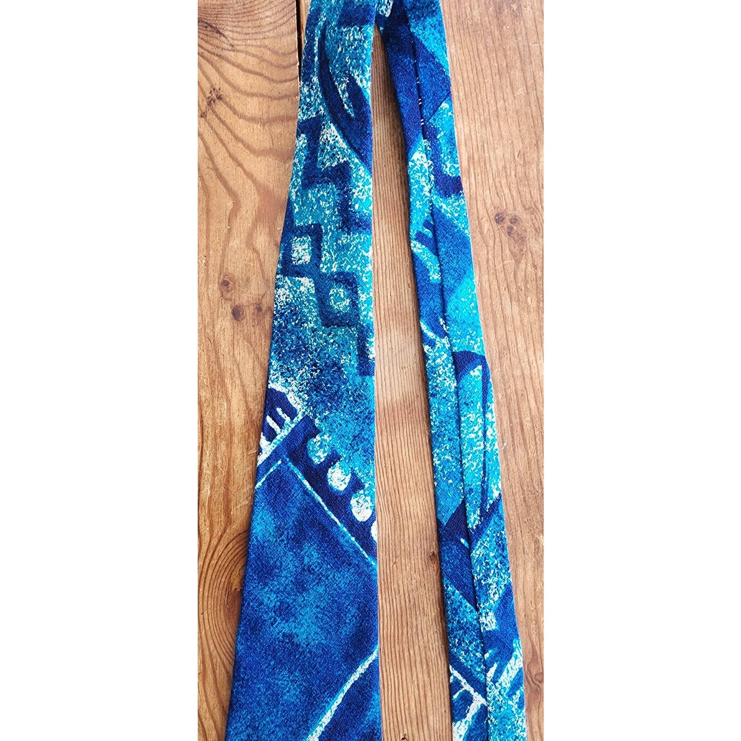 Vintage 60s Mens Necktie Blue Tiki Print Kanaka Hawaiian