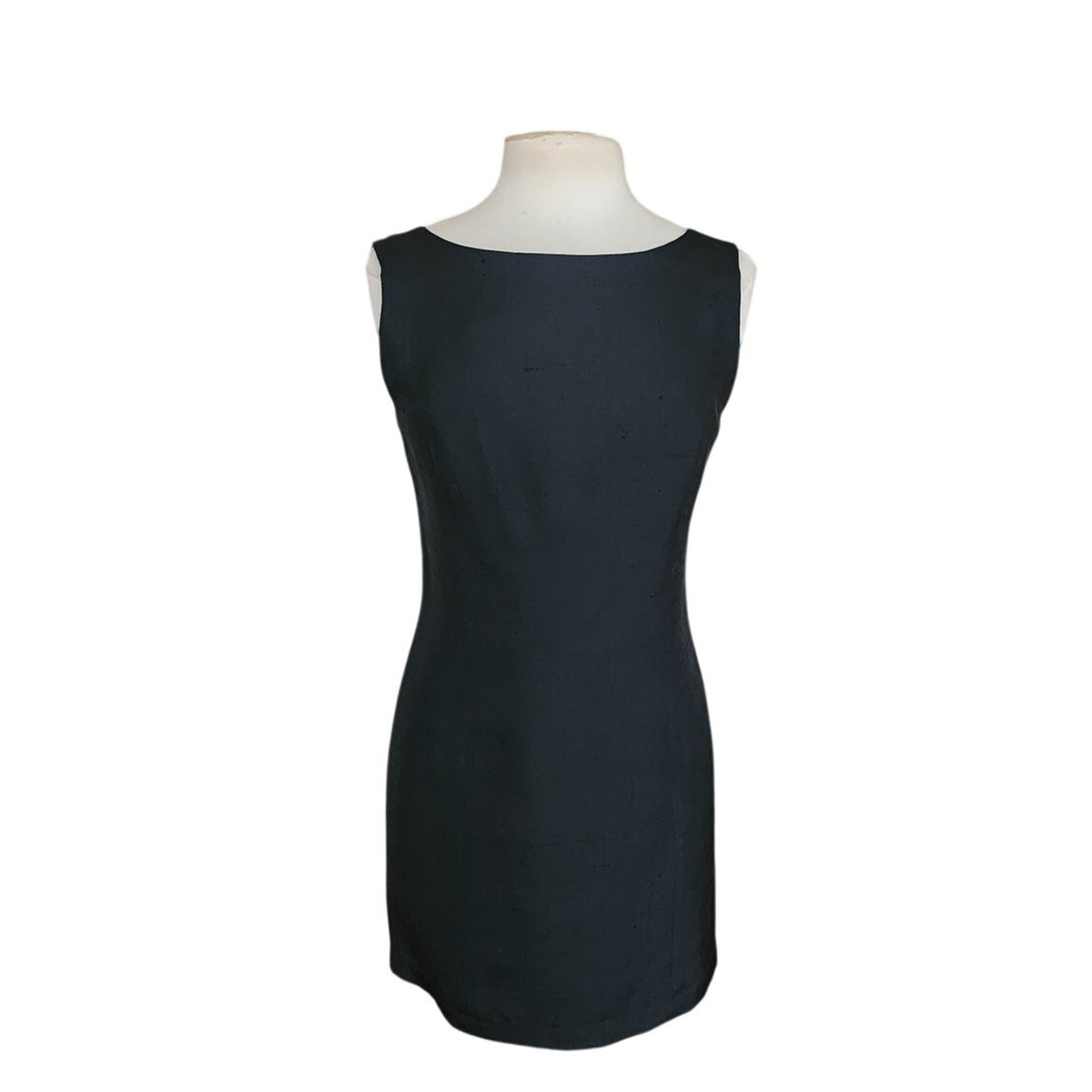 Vintage 1990s Minimalist Dress Black Raw Silk Sleeveless Shift Midi Small