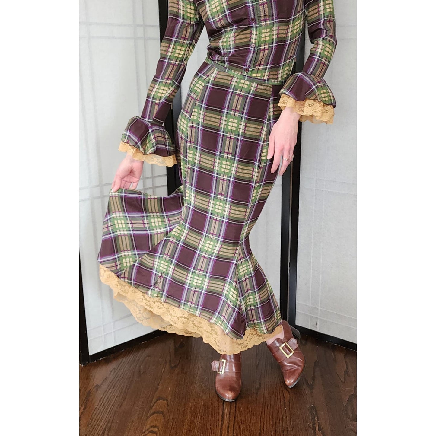 90s Plaid Silk Skirt Suit Lace Trim Blouse Newport News
