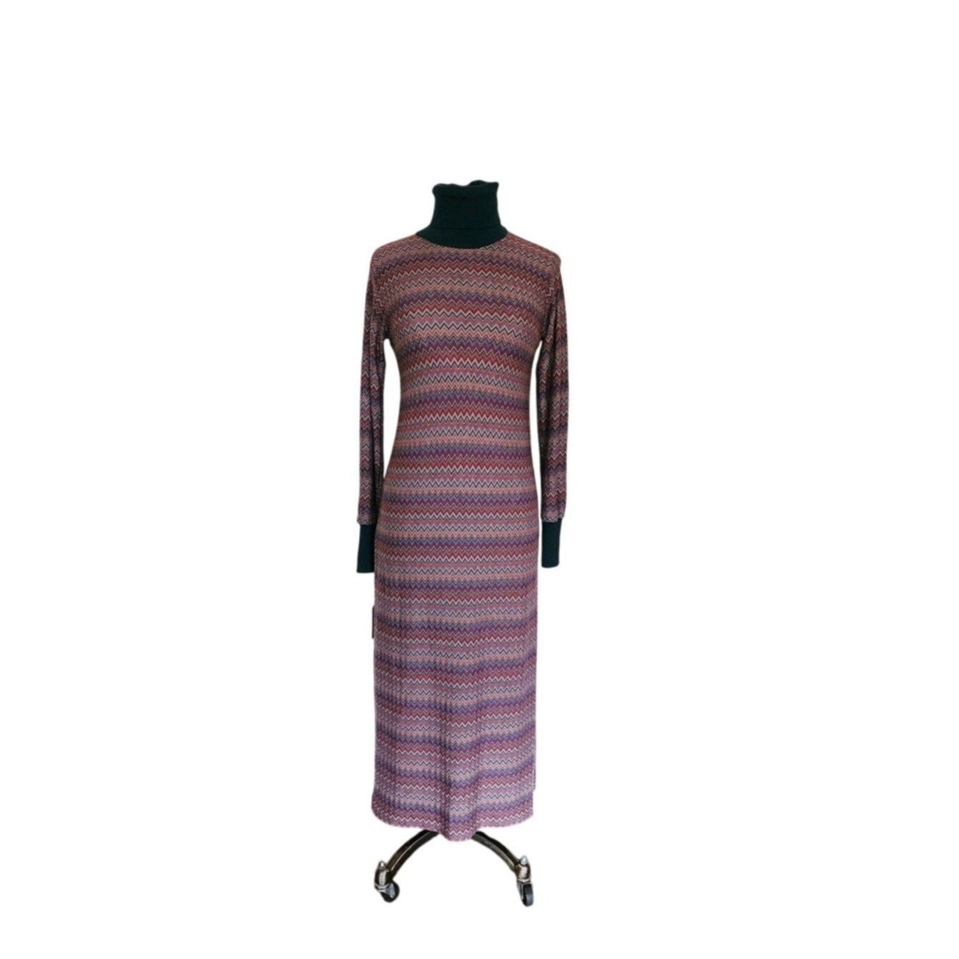 Vintage 1970s MISSONI Knit Dress Long Sleeved Turtleneck Zigzag Pattern