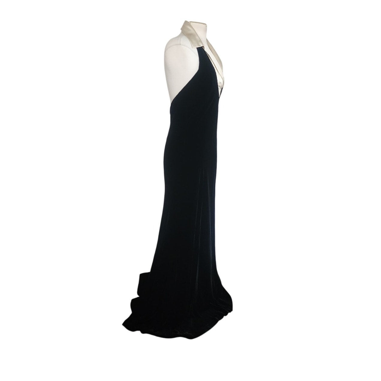 Vintage 1990s Ralph Lauren Evening Dress Black Velvet Halter Top Cream Silk Collar