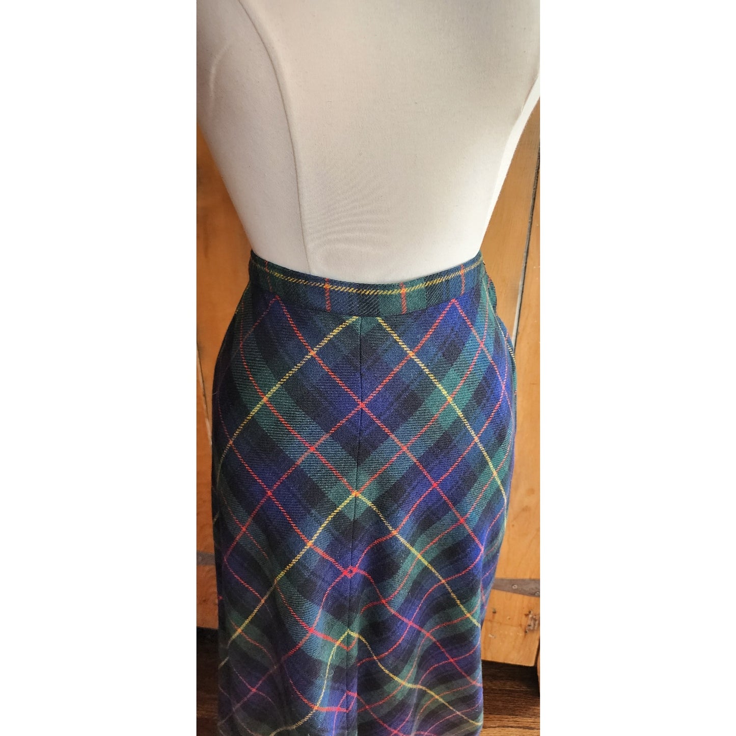 Vintage 70s Long Skirt Green Wool Plaid Prestige of Boston