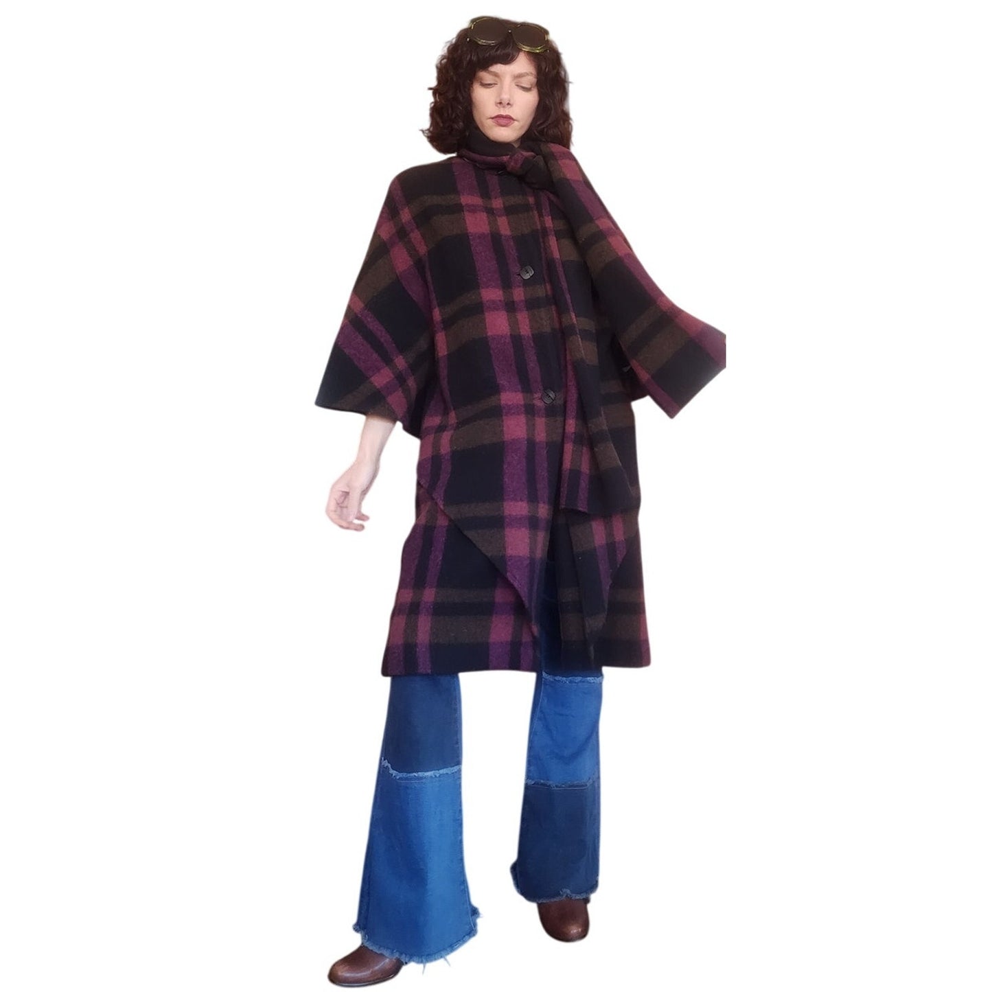 Vintage 1990s Purple Wool Plaid Poncho Cloak Coat Cape w/Scarf