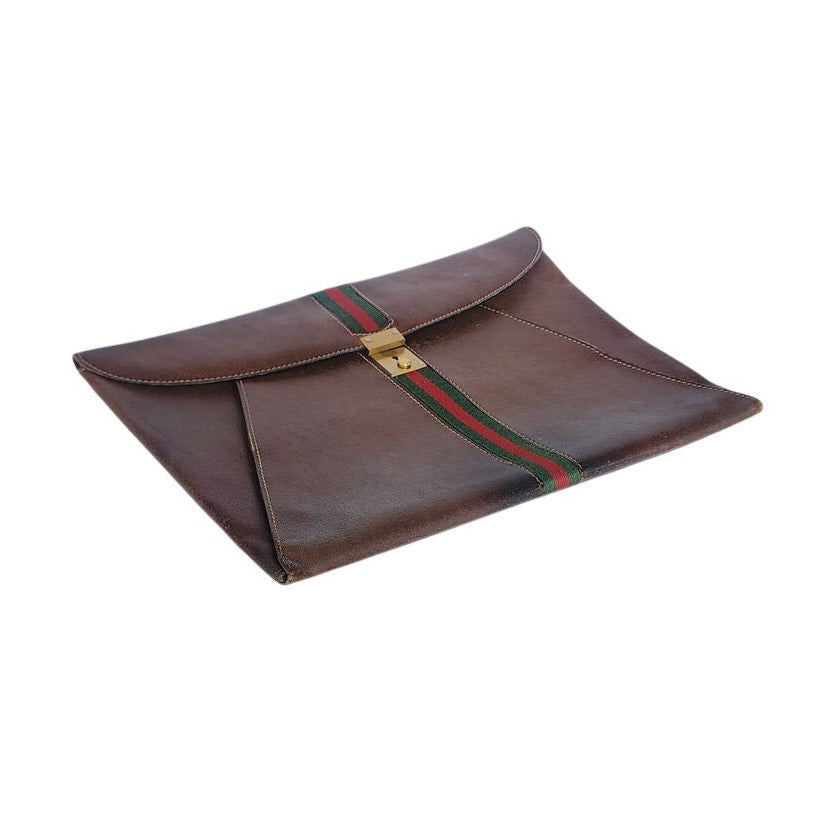 Vintage 1970s Gucci Portfolio Bag Envelope Case Clutch Brown Leather