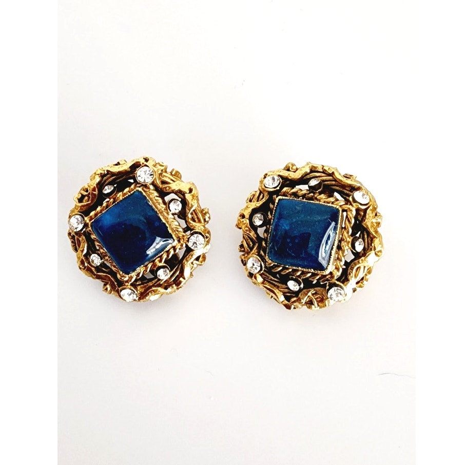 Vintage 90s Chanel Earring Clips Gripoix Blue Glass Byzantine Style A 96