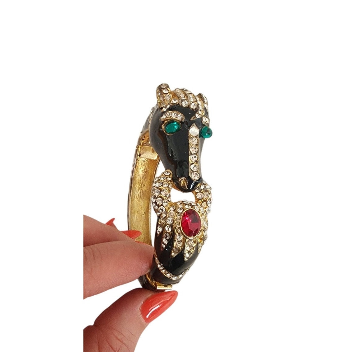 Vintage Black Enamel Horsehead Bracelet Bangle Rhinestone Jewels Art Deco Erte Style