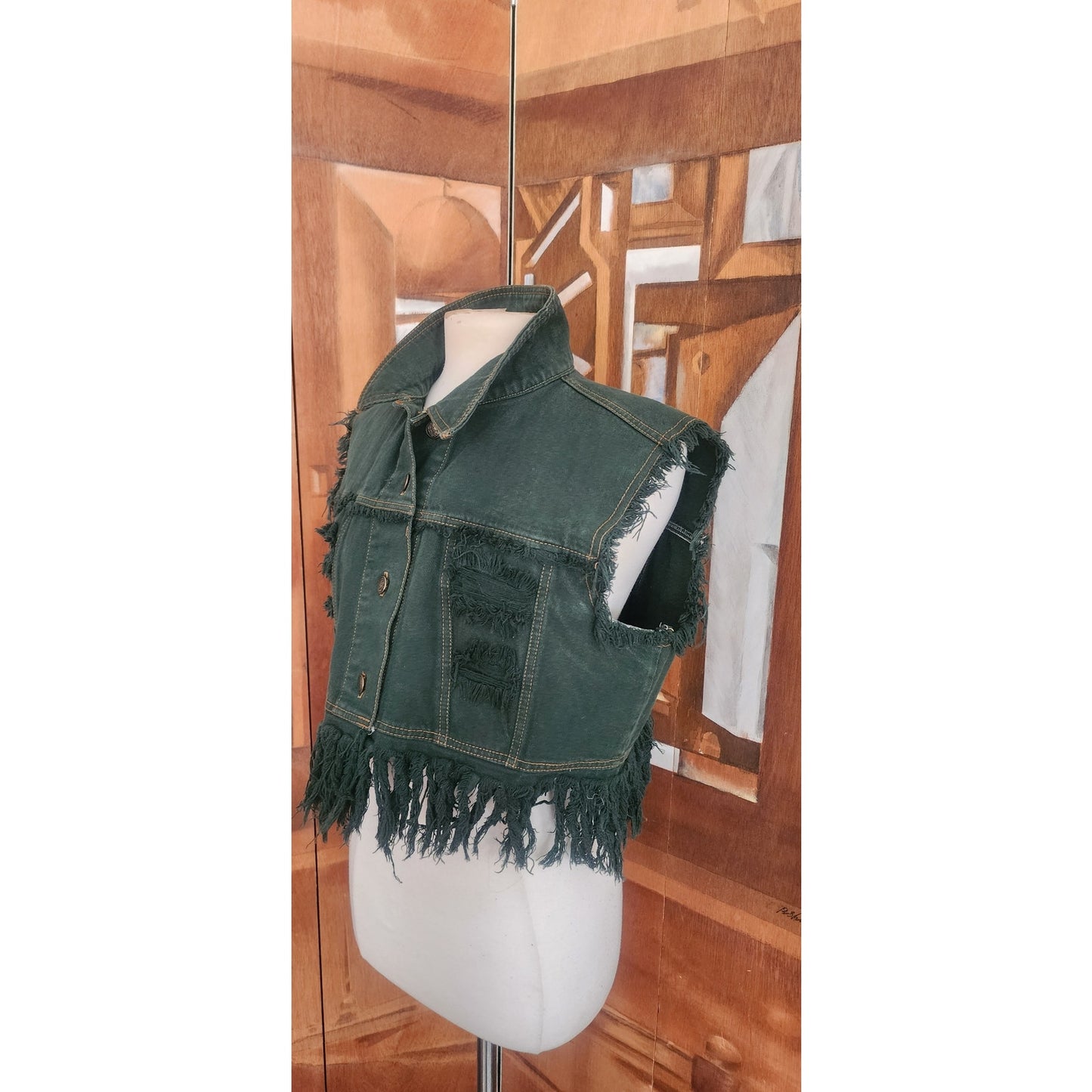 Vintage 80s Distressed Green Denim Vest Cropped Fringed by Navi / L