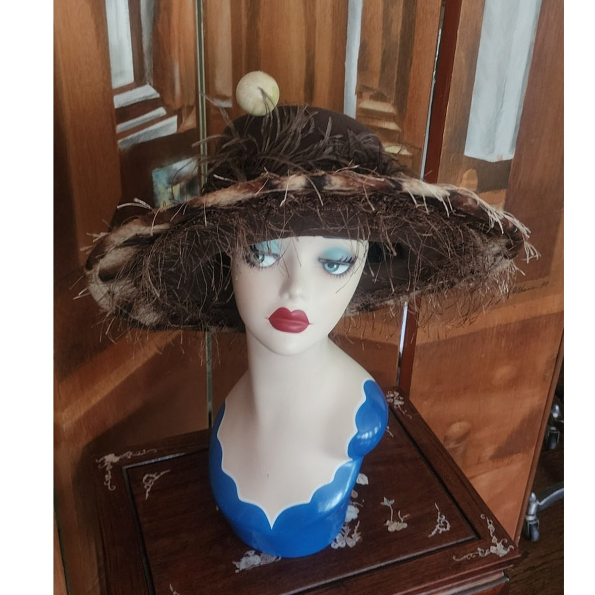 Vintage Y2K Oversized Hat Wide Brim Animal Print Feathers Handmade Chapeau Puccio