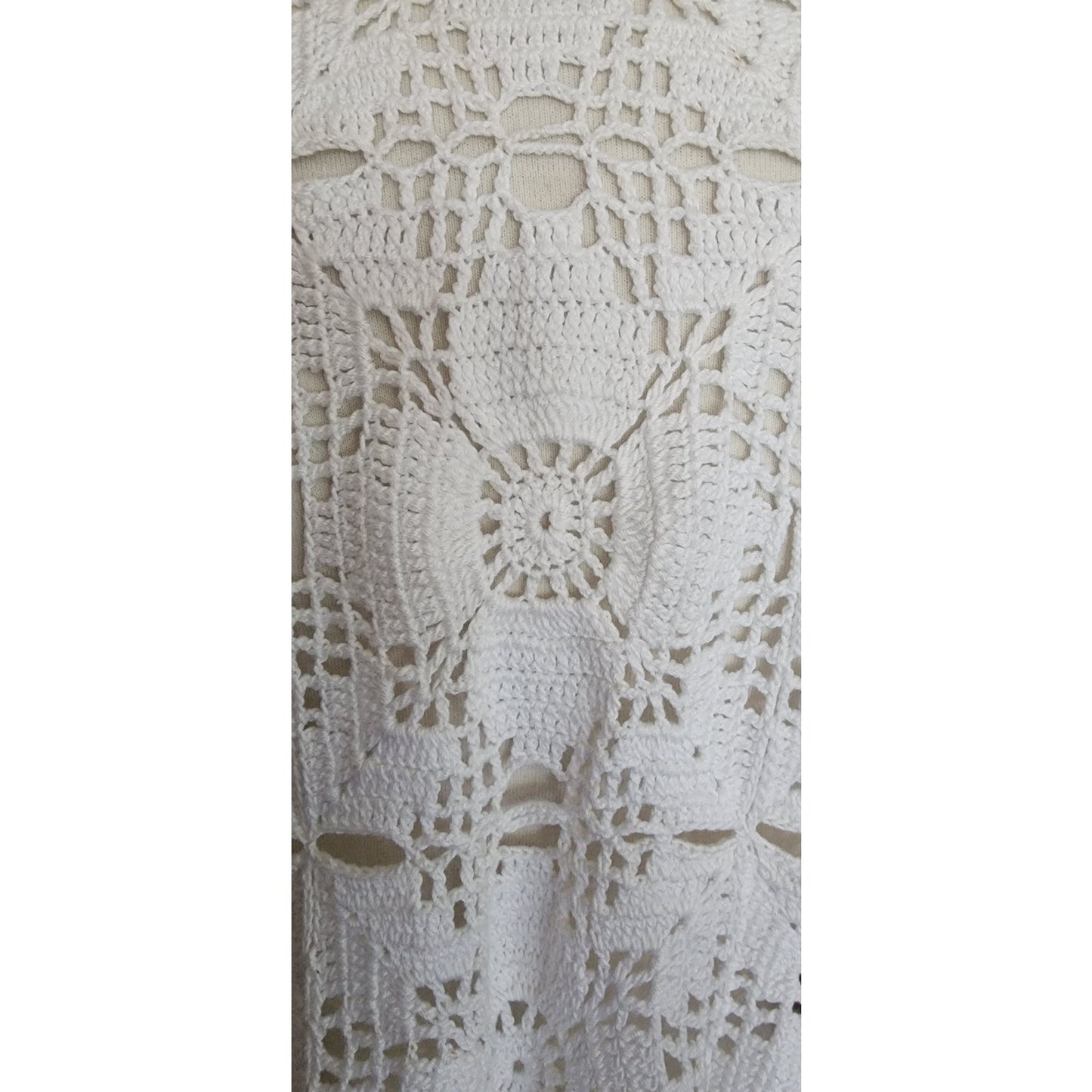 Vintage Crochet Blazer White Openwork Knit Cardigan Jacket w/Collar