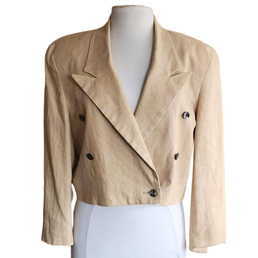 Vintage 80s Beige Linen Blazer Cropped Jacket Marshall Fields