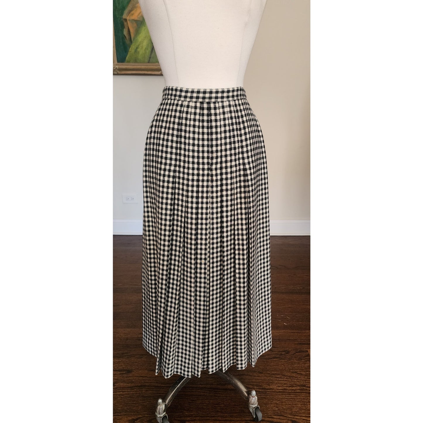 Vintage 1970s Long Skirt Houndstooth Wool High Waisted Pleated / S