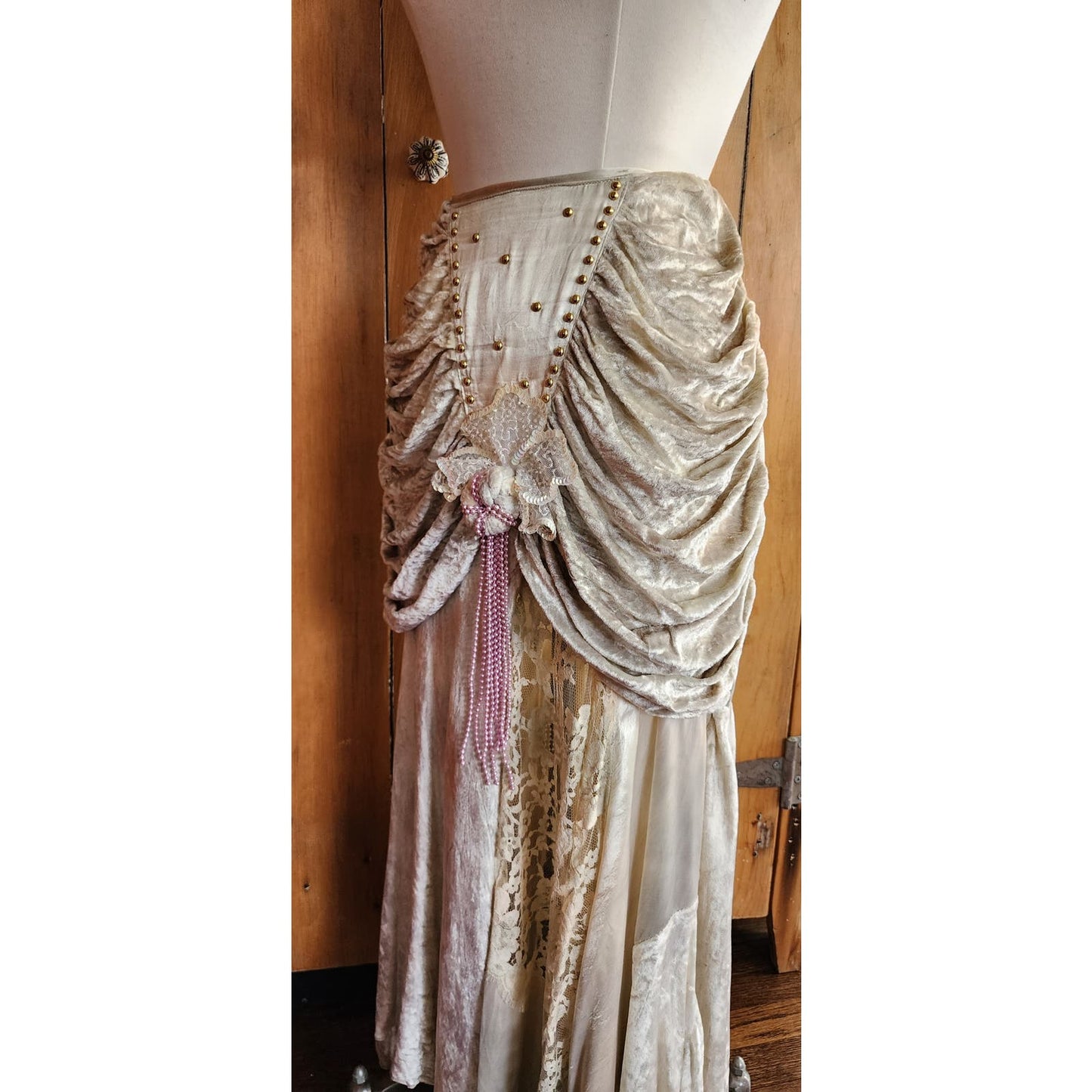 Vintage 80s Long Velvet Skirt Maick Harold, Asymmetrical w/Lace, Beads