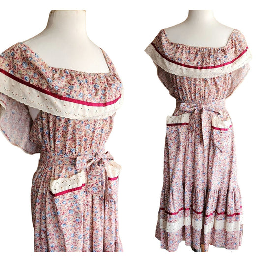 Vintage 70s Prairie Dress by Young Edwardian, Off the Shoulder, Floral Print Cotton