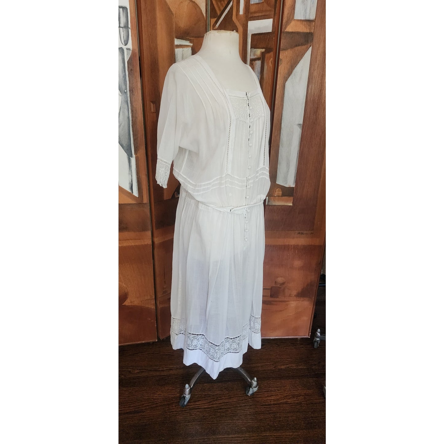 Antique 1910s White Lingerie Tea Dress Lawn Gown Crochet Lace Embroidery Drop Waist L