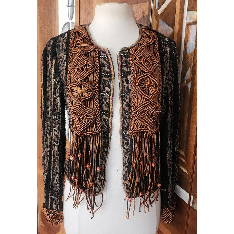 Vintage 90s Sandy Starkman Bohemian Crochet  Embellished Fringe Jacket Art to Wear