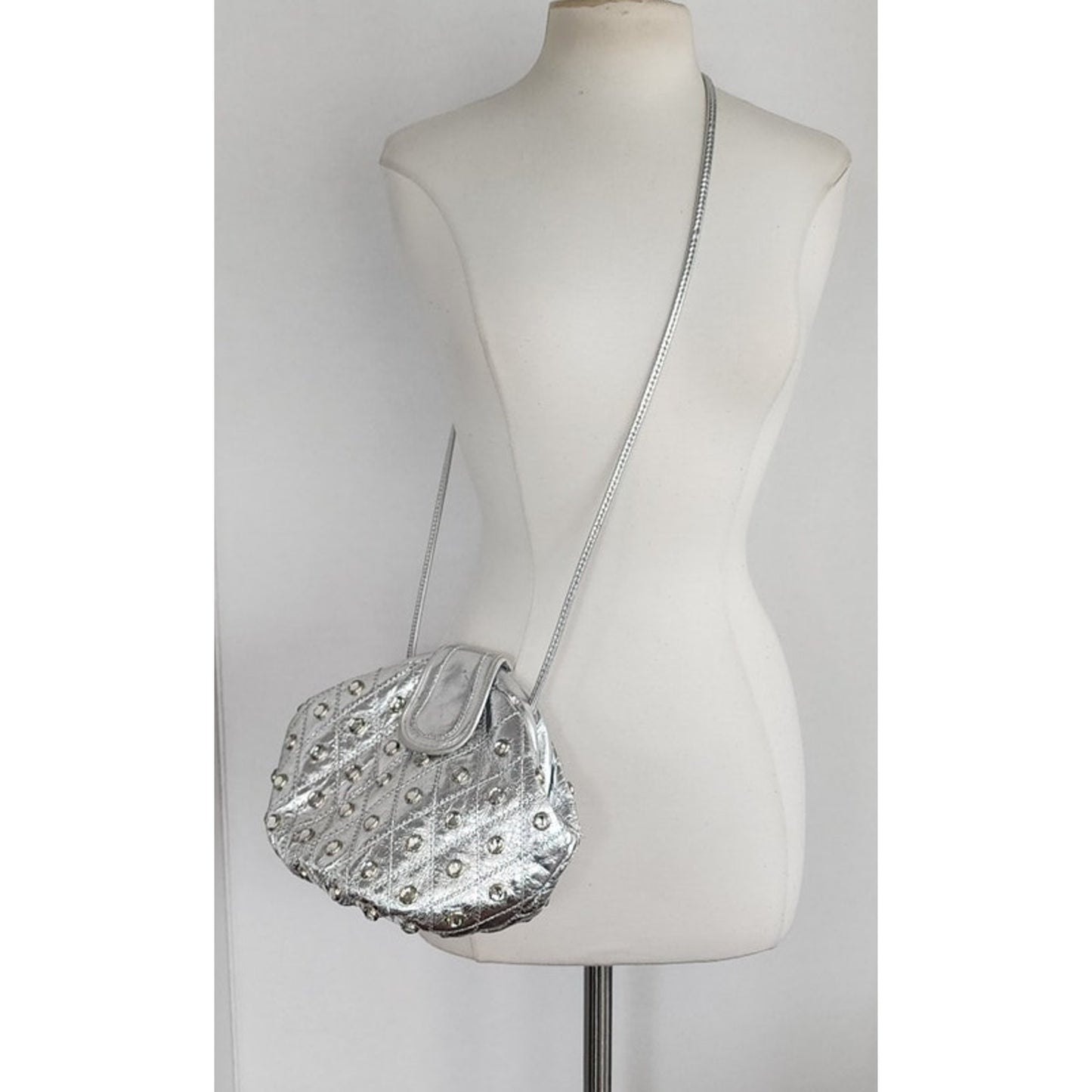Vintage 80s Silver Bag Crossbody Shoulder Purse Rhinestone Studs