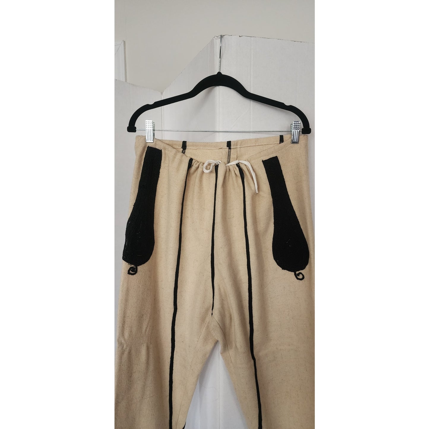 Antique Bulgarian Folk Costume Ethnic Mens Pants Embroidered Cream Wool + Red Scarf