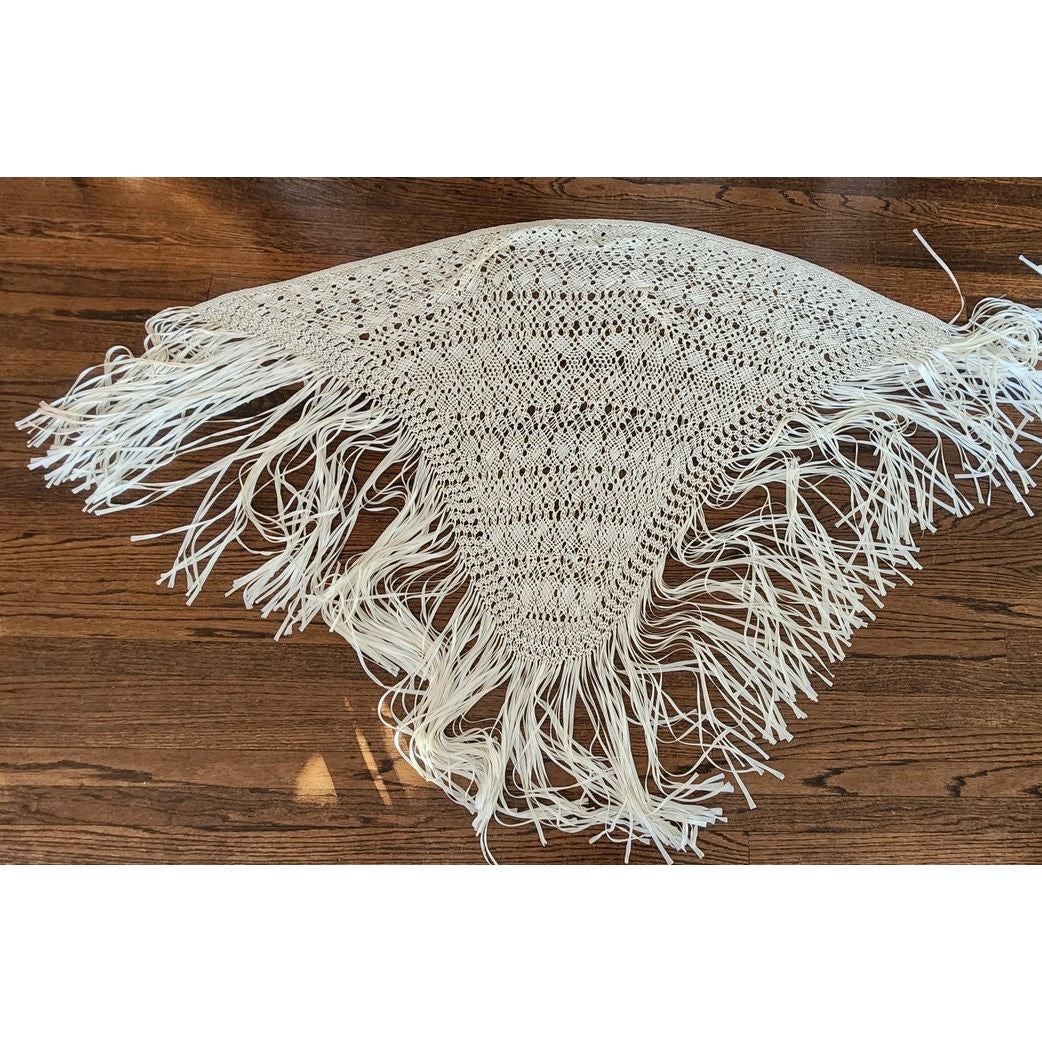 Vintage Cream Crochet Lace Piano Shawl Oversized Macrame Silk Ribbon Wrap Fringed
