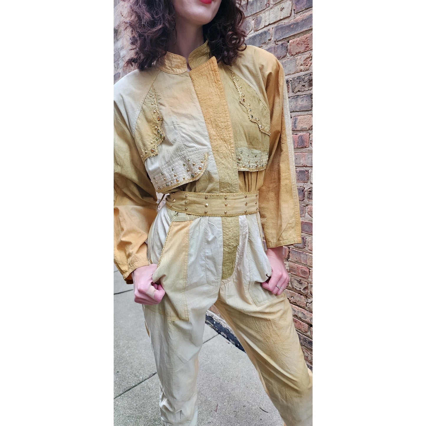 Vintage 80s Jumpsuit Yellow Gold Ombre w/Embroidered Studs Varda Garfinkel