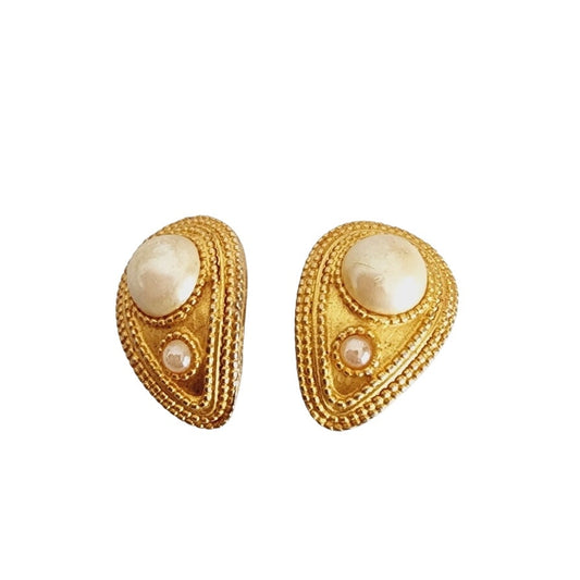 Vintage 80s Oscar de la Renta Earrings Clips Gold & Pearl
