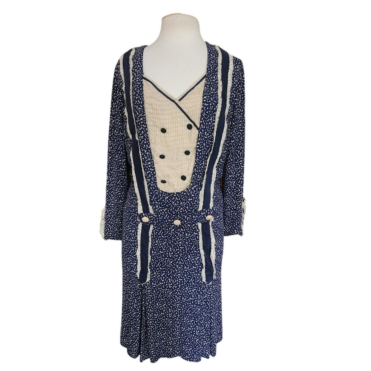 Vintage 20s Silkprint Day Dress Navy Blue White Cream Long Sleeves / S