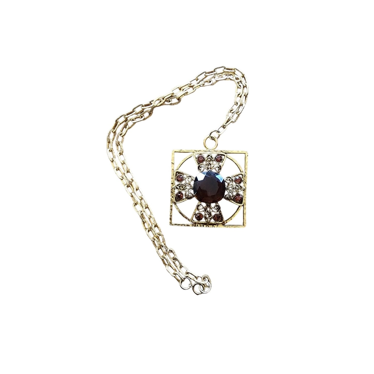 Vintage 60s Baroque Pendant Necklace Maltese Cross Gold Amber Brown Glass