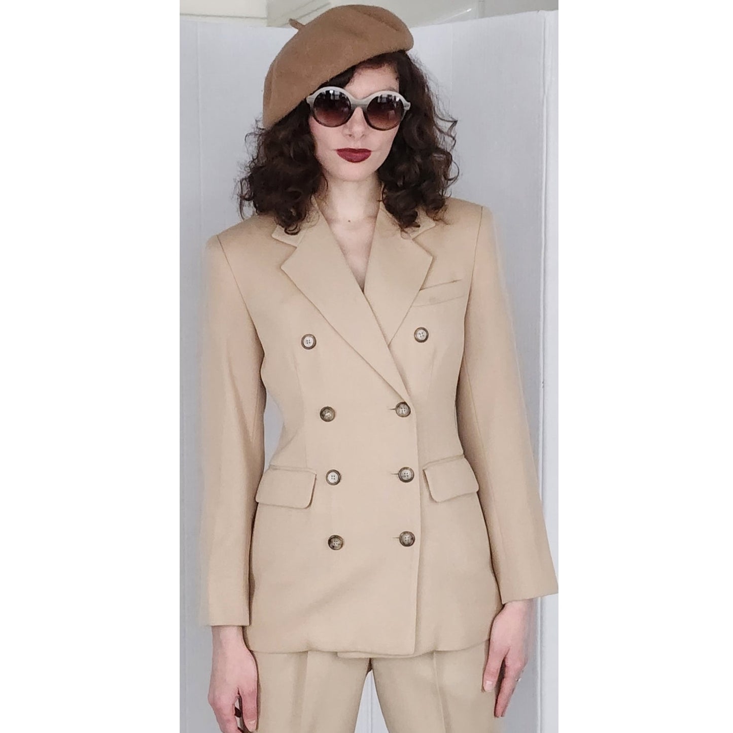 Vintage 1990s Cream Wool Pant Suit Double Breasted Blazer Evan Picone