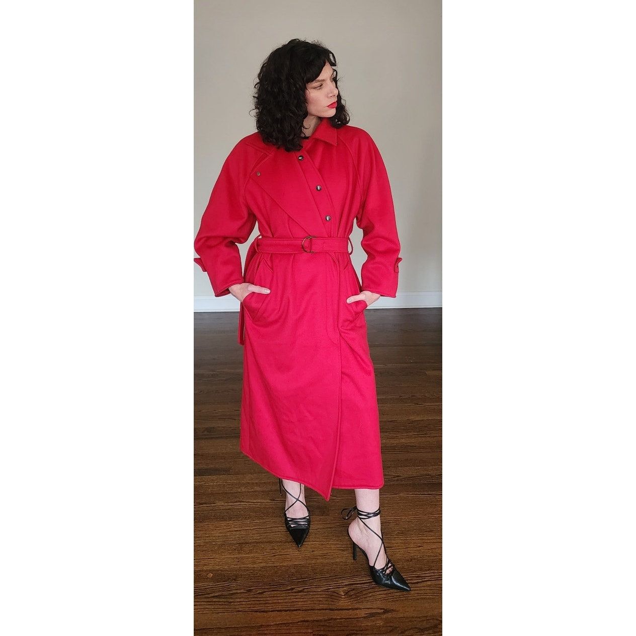Vintage 1980s Red Wool Coat Long w/Belt Ramosport Paris