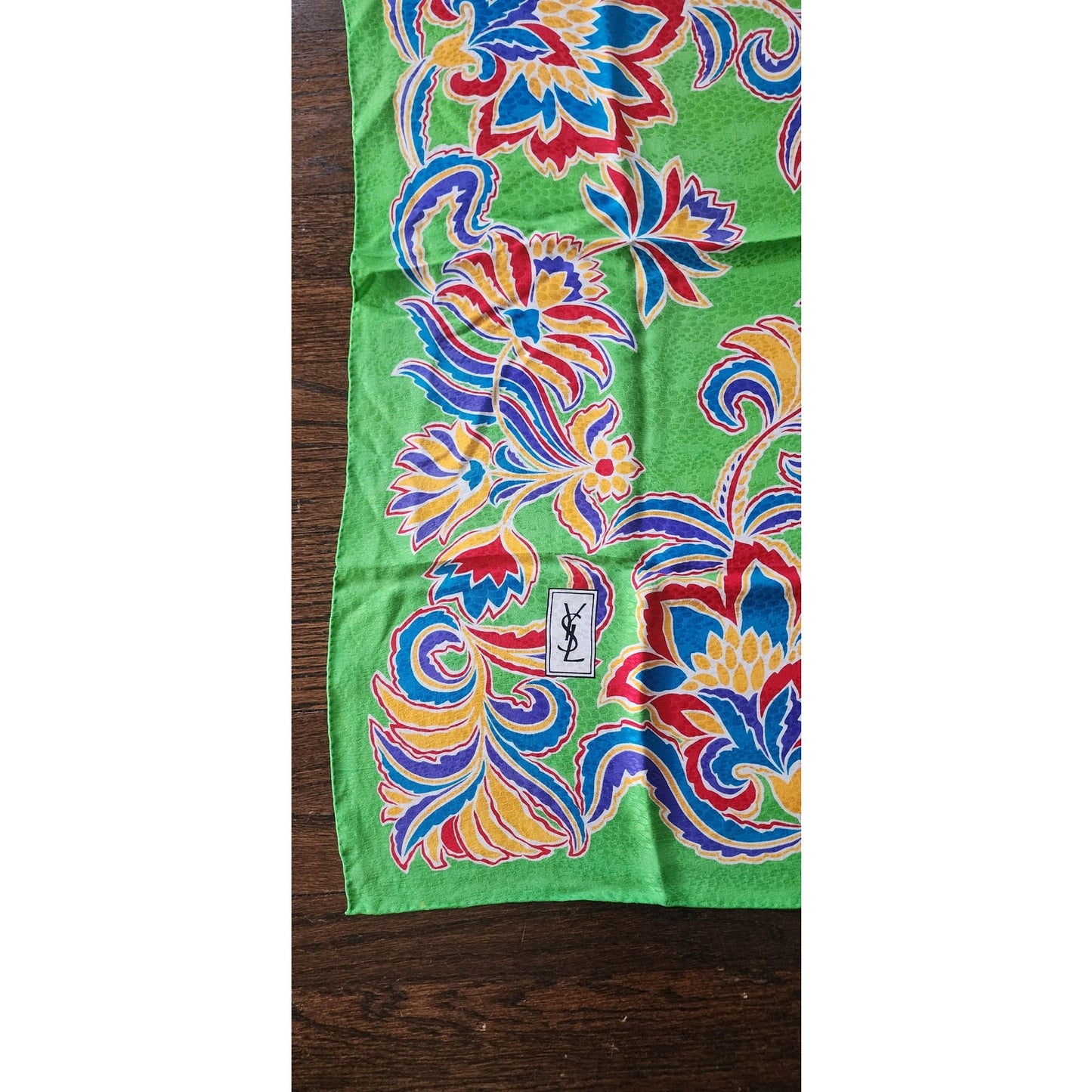 Vintage YSL Scarf Silkprint Square Floral Paisley Green Yves Saint Laurent 1970s 1980s