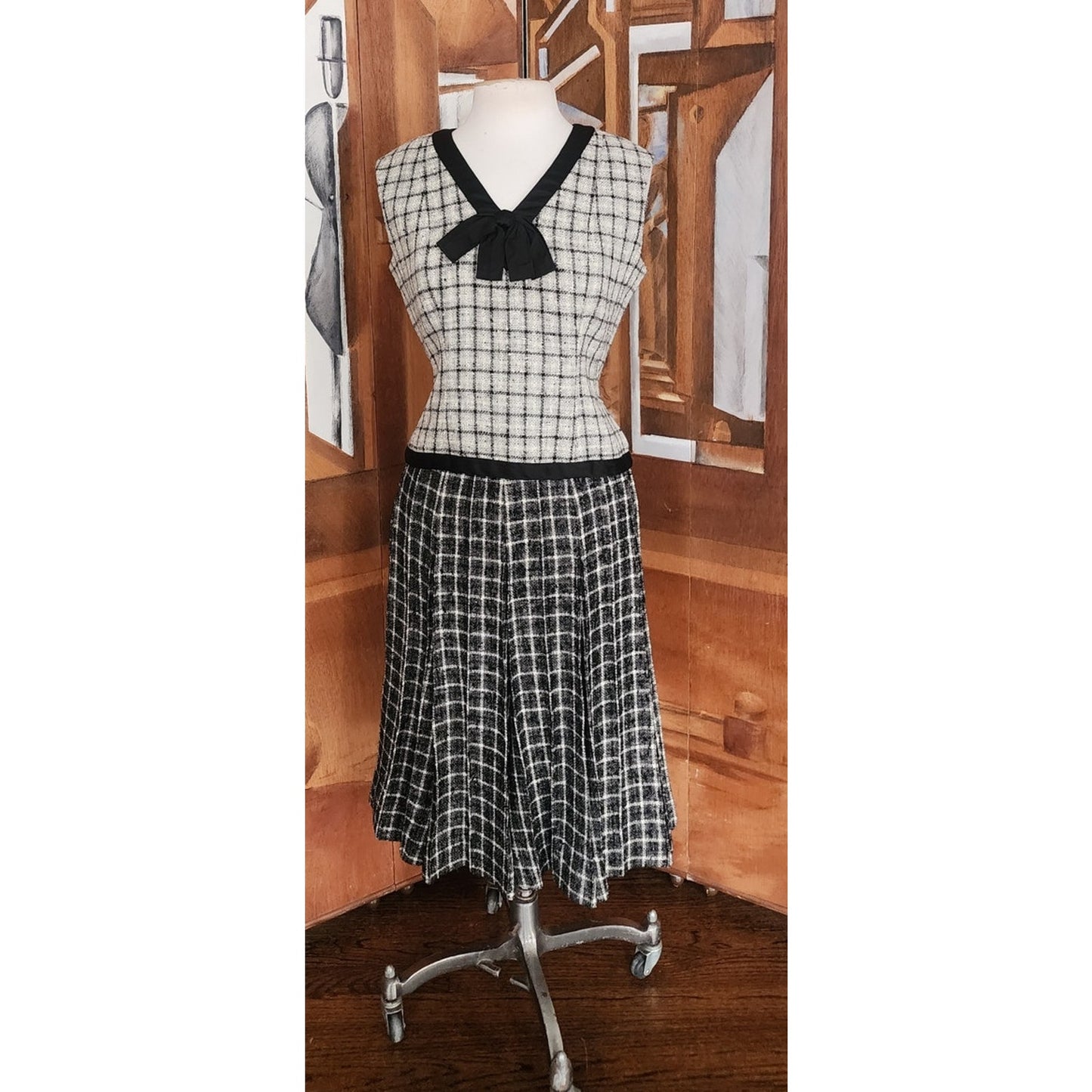 Vintage 1960s Mod Suit Pleated Midi Skirt + Top Gray Black Wool Tweed Geometric Schoolgirl