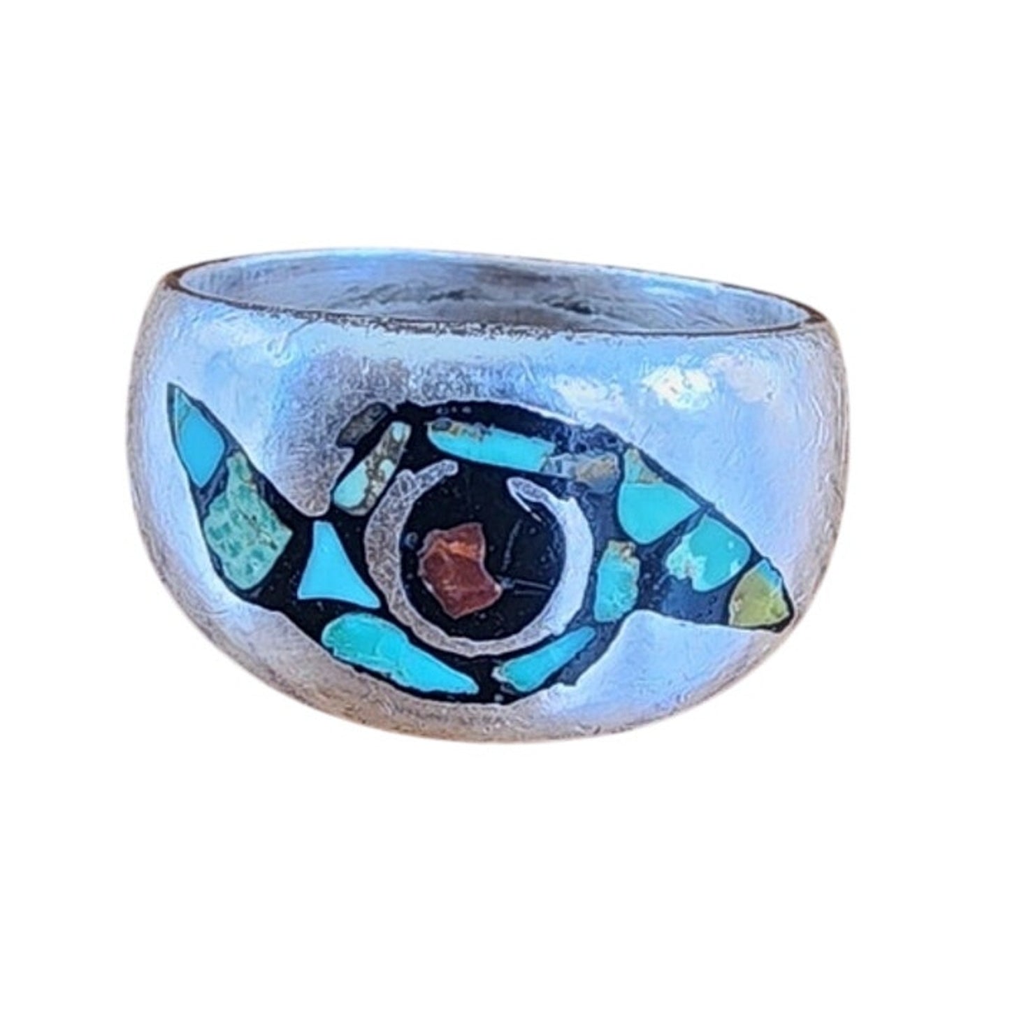 Vintage Mens Southwestern Mosaic Inlay Band Ring Sterling Silver Turquoise Coral Multi-Stone Size 7 3/4