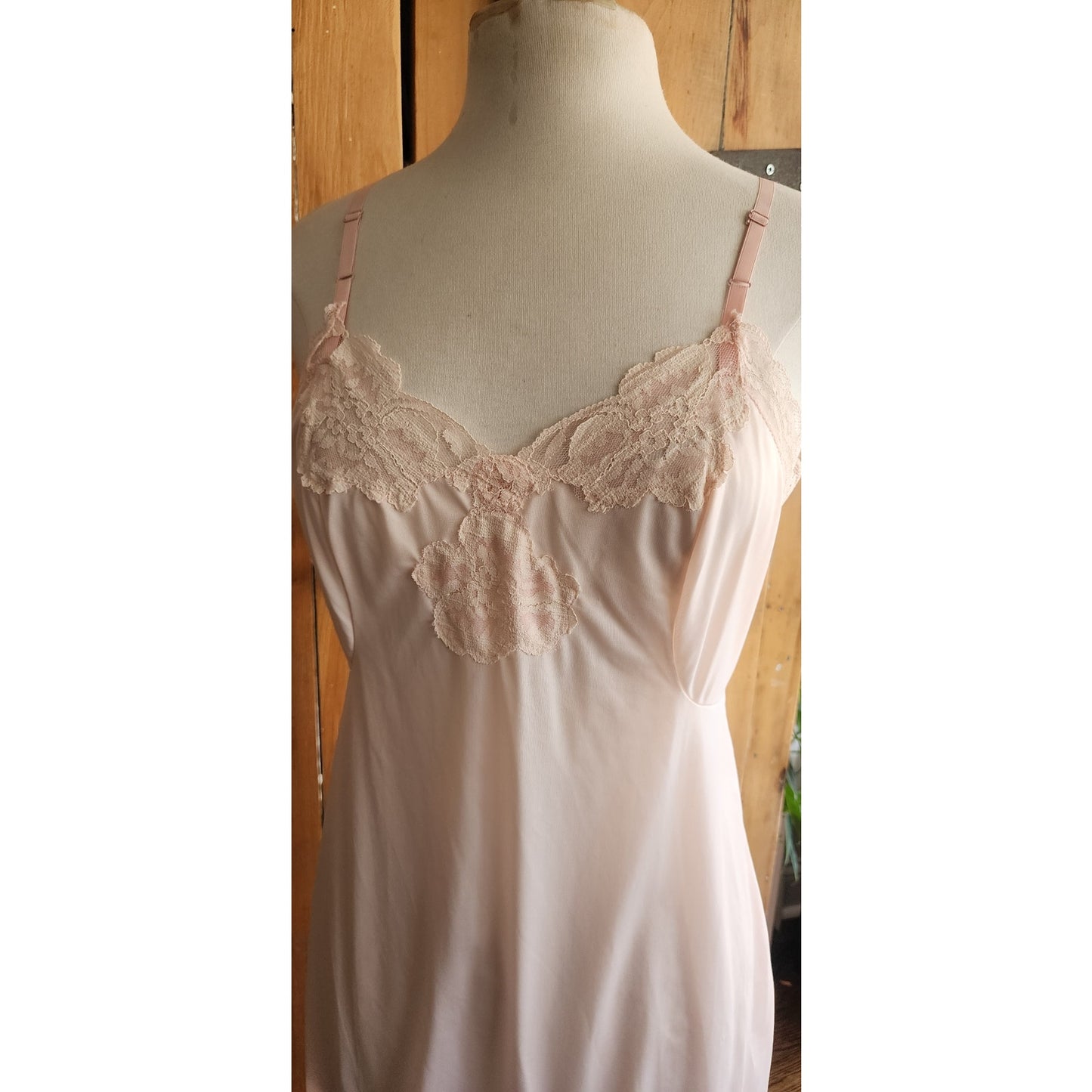 60s Pink Nylon Slip Dress w/Lace Knee Length Medium