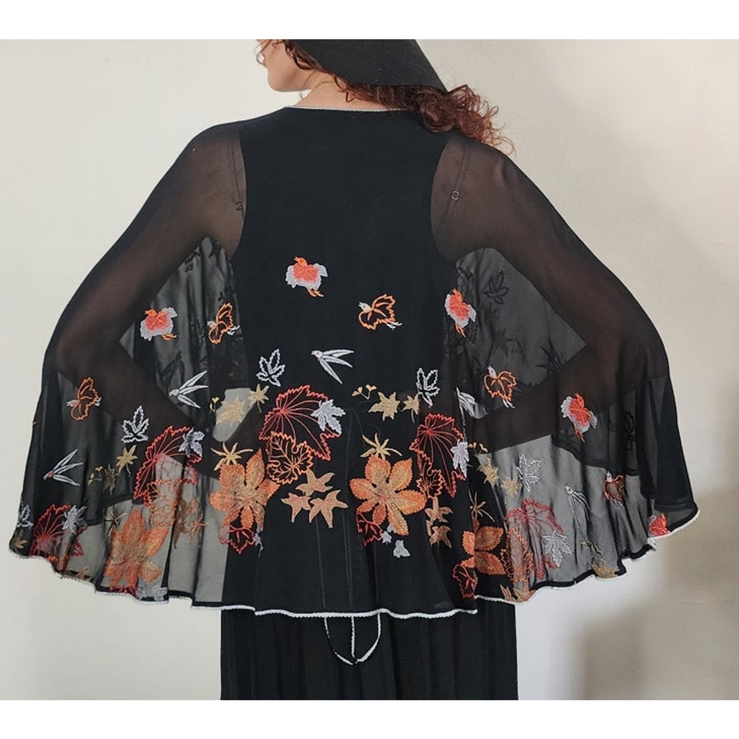 Vintage 1970s Janice Wainwright Maxi Dress Embroidered Butterfly Sleeves Capelet