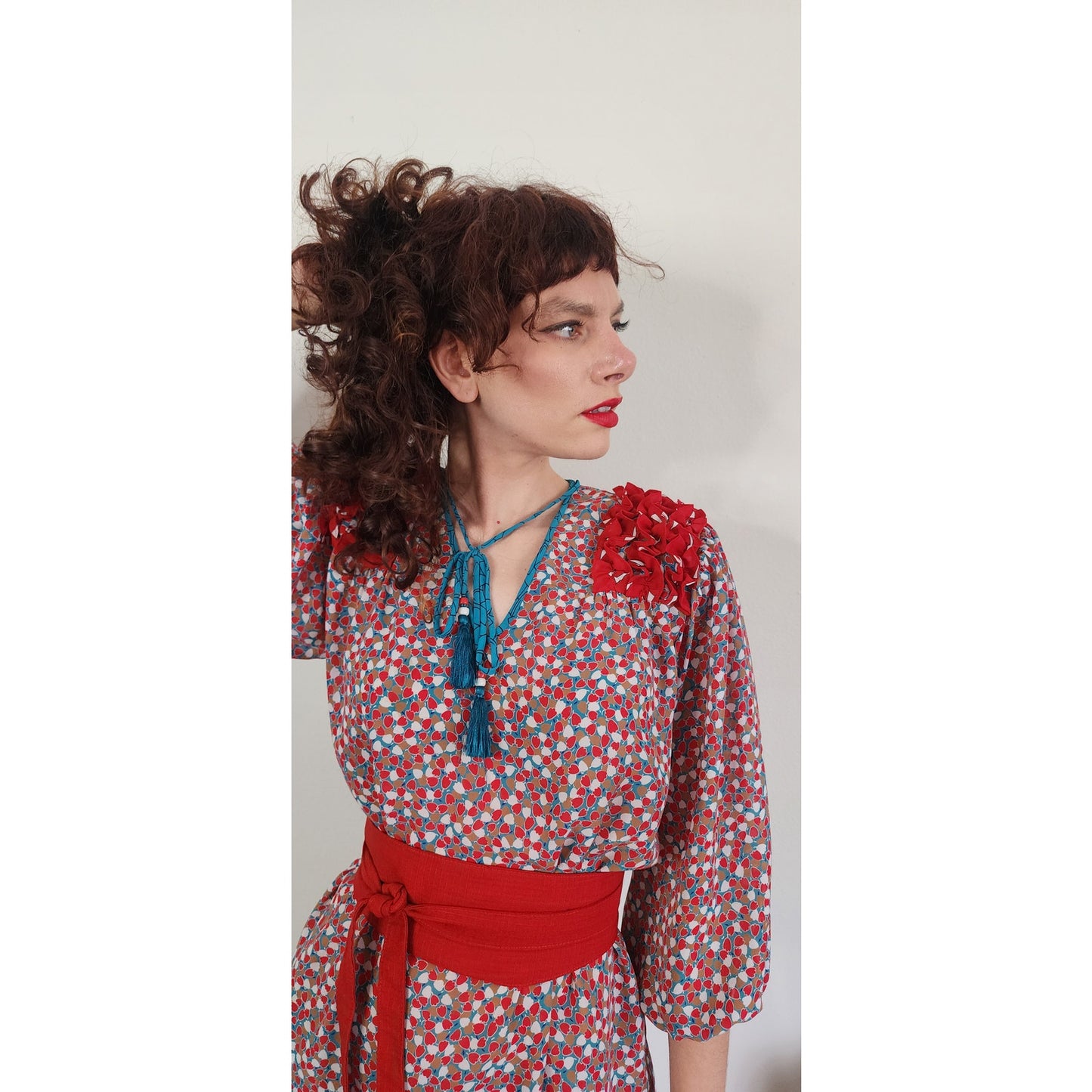 Vintage 1980s Lachine Tunic + Pants Set Polyester Georgette Red Graphic Print / Medium