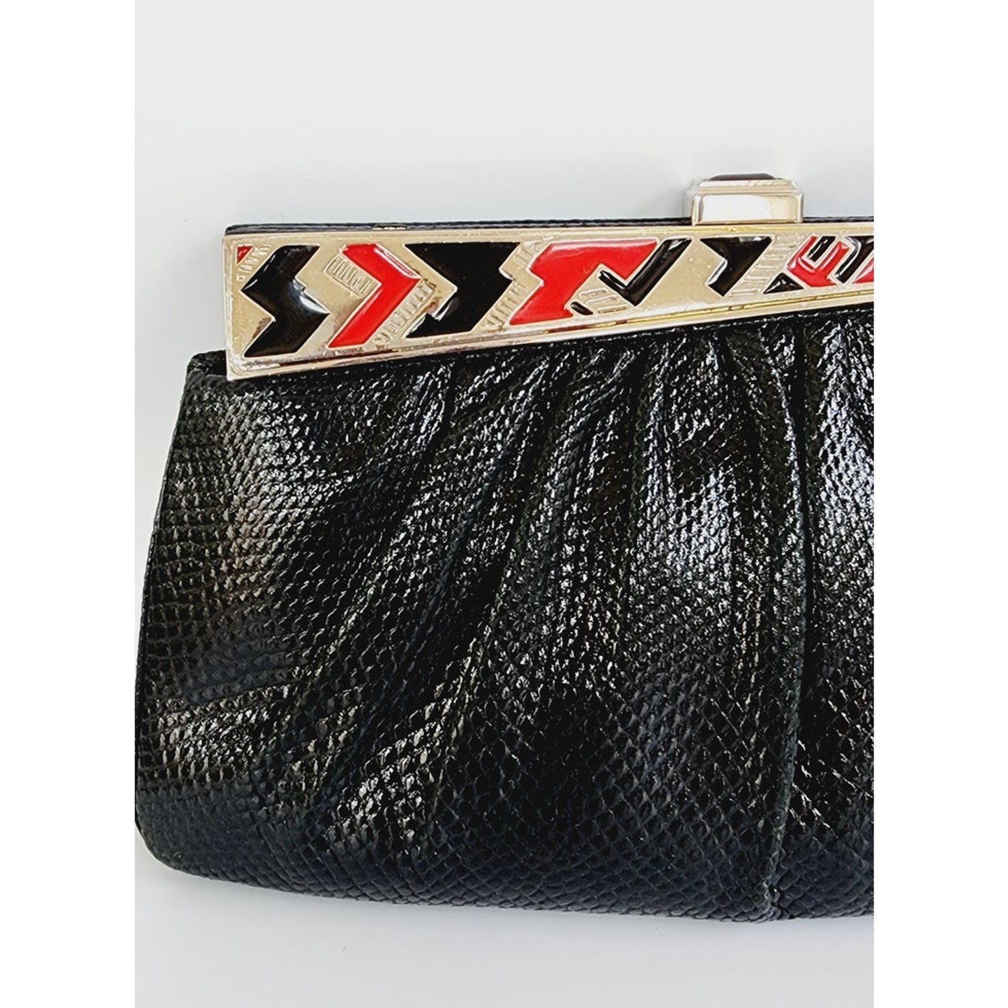 Vintage1980s Judith Leiber Bag Black Lizard w/Enamel Art Deco Panel