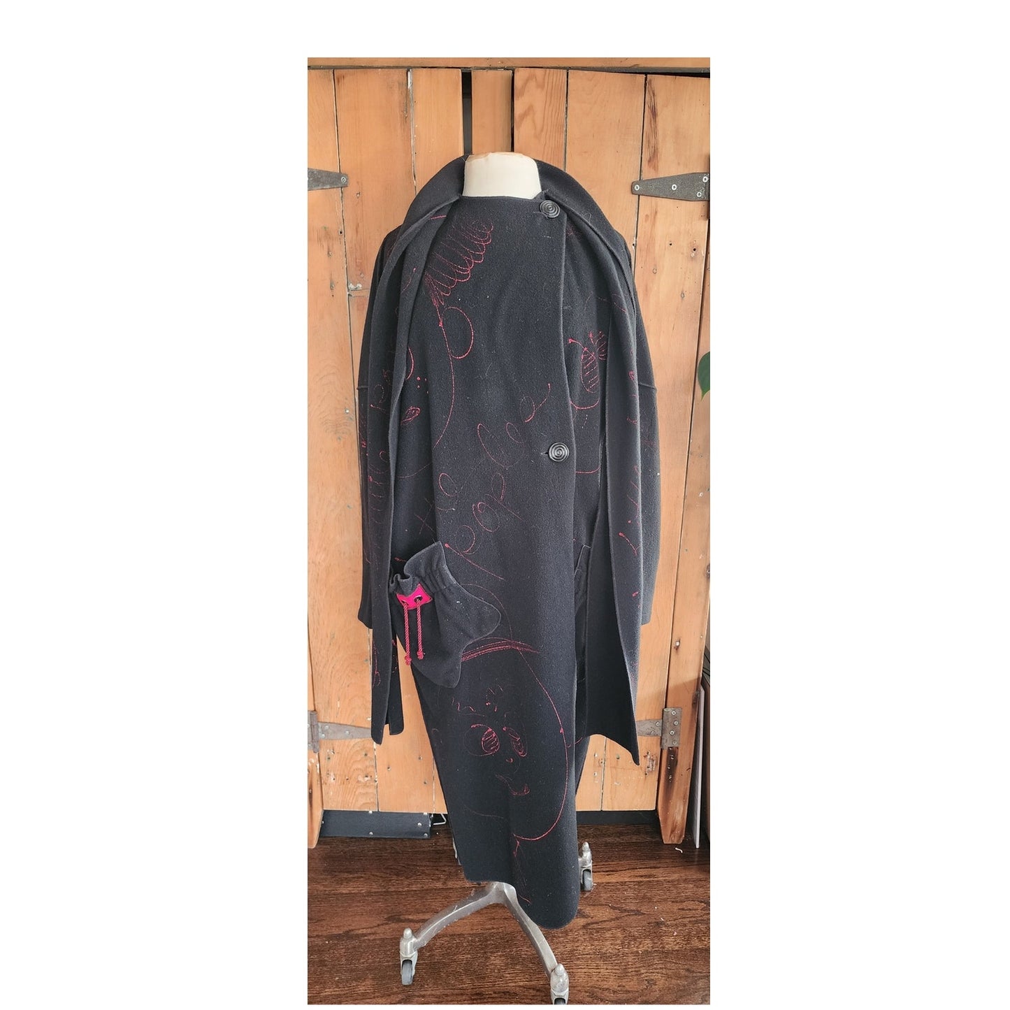 80s Black Slouch Coat Black Wool Red Graphics by Phobeau