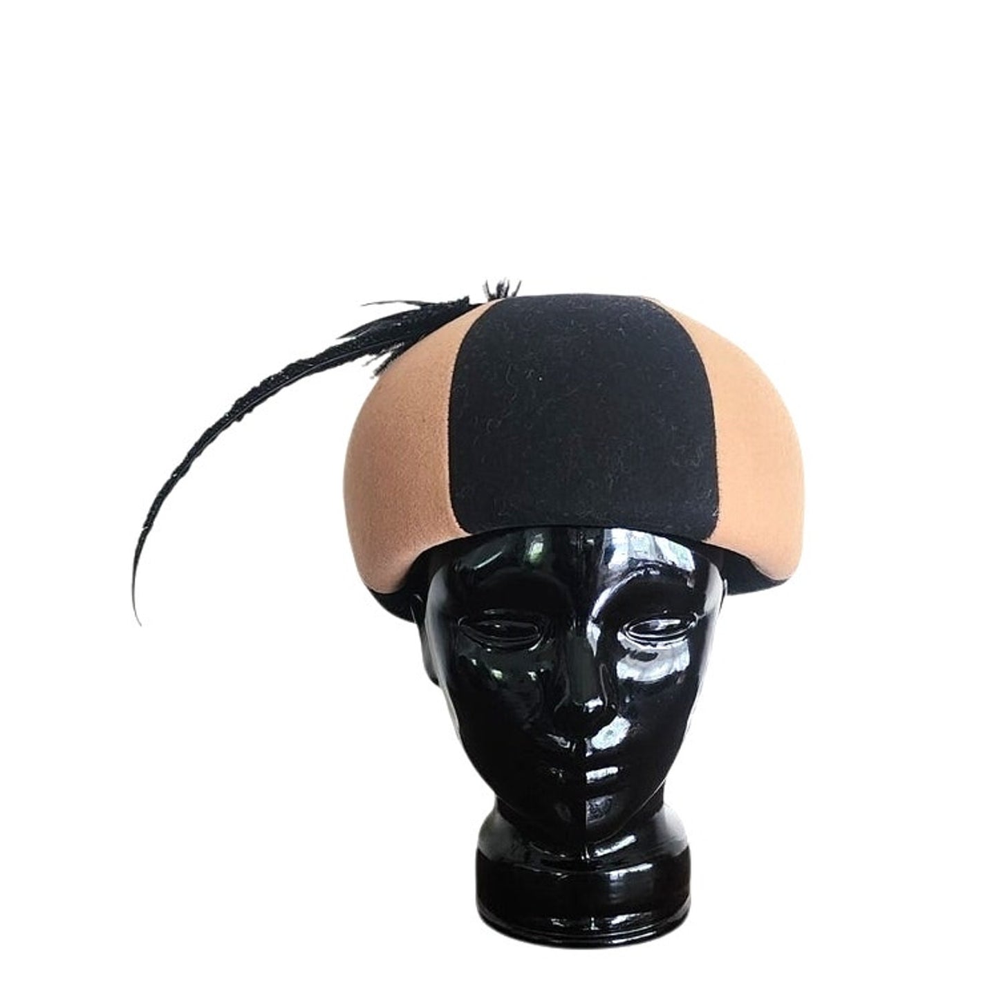 Vintage 1960s Mod Helmet Hat Mr John Brown Black Wool felt w/Feather