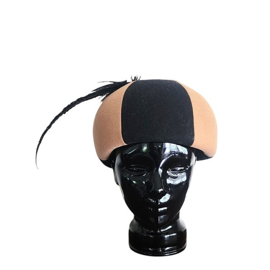 Vintage 1960s Mod Helmet Hat Mr John Brown Black Wool felt w/Feather