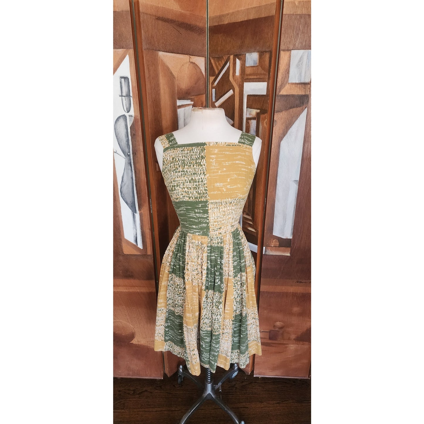 Vintage 40s 50s MCM Cotton Print Sun Dress Green Yellow Gingham Patchwork Rockabilly